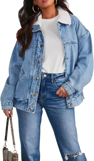 Women's Winter Sherpa Lined Denim Jacket Button Down Faux Fur Collar Jean Coat Overcoat