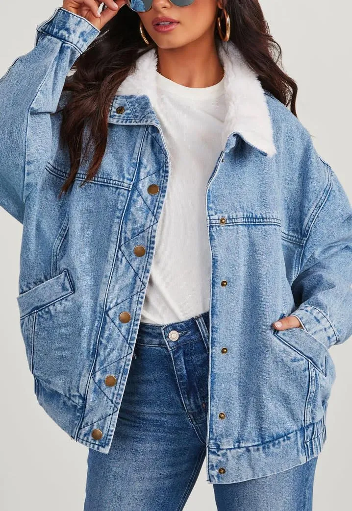 Women's Winter Sherpa Lined Denim Jacket Button Down Faux Fur Collar Jean Coat Overcoat