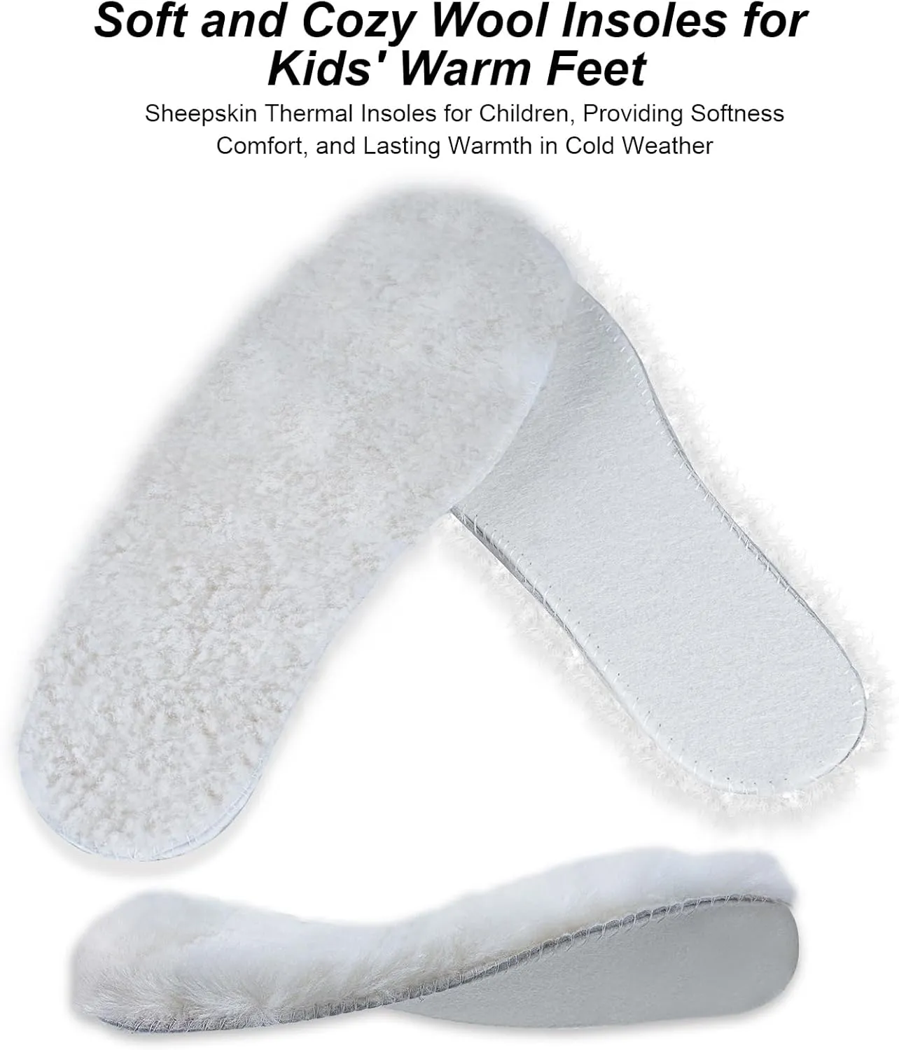 Wool Insoles for Kids, Soft Sheepskin Insoles with Moisture-Wicking Wool Felt Bottom, Thermal Insoles for Children’s Shoes, Boots, and Slippers for Winter Warmth