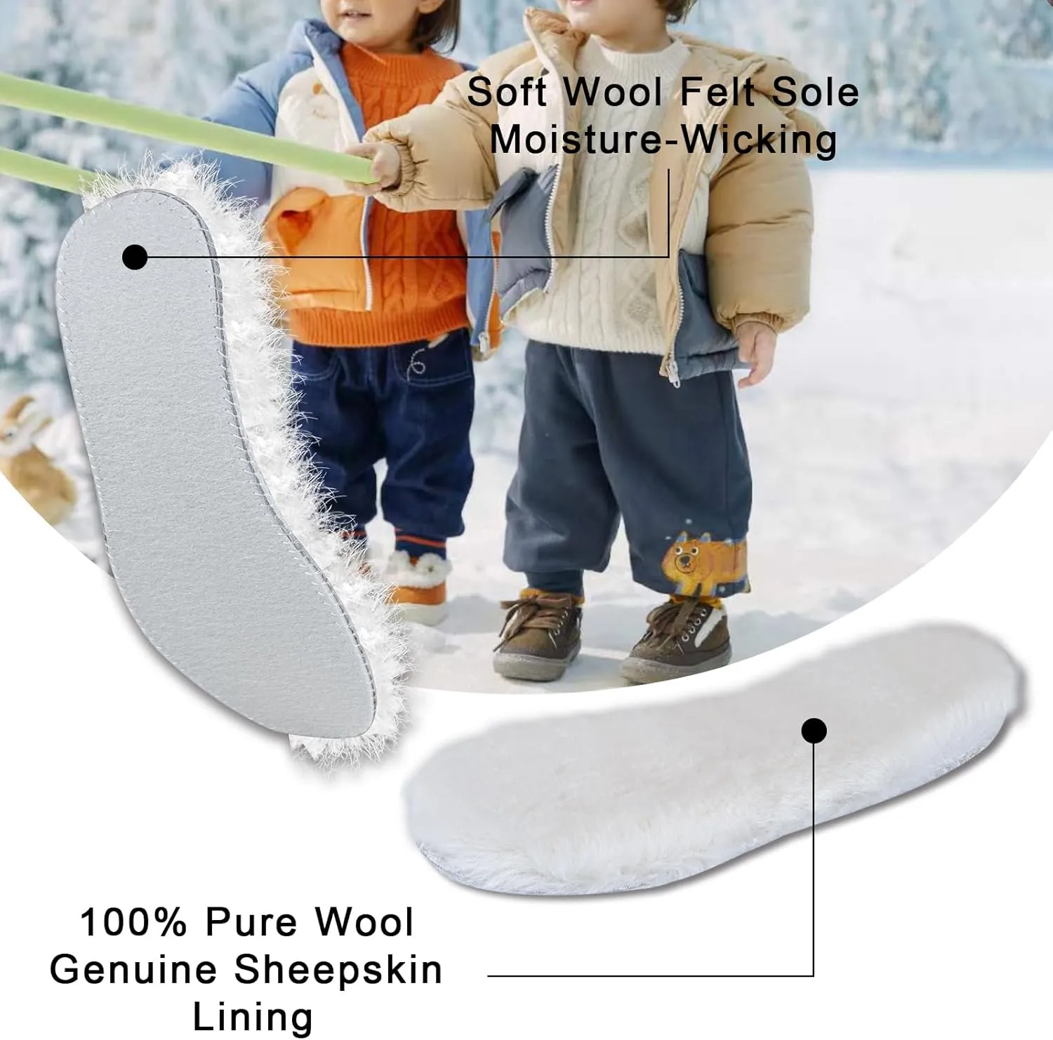 Wool Insoles for Kids, Soft Sheepskin Insoles with Moisture-Wicking Wool Felt Bottom, Thermal Insoles for Children’s Shoes, Boots, and Slippers for Winter Warmth