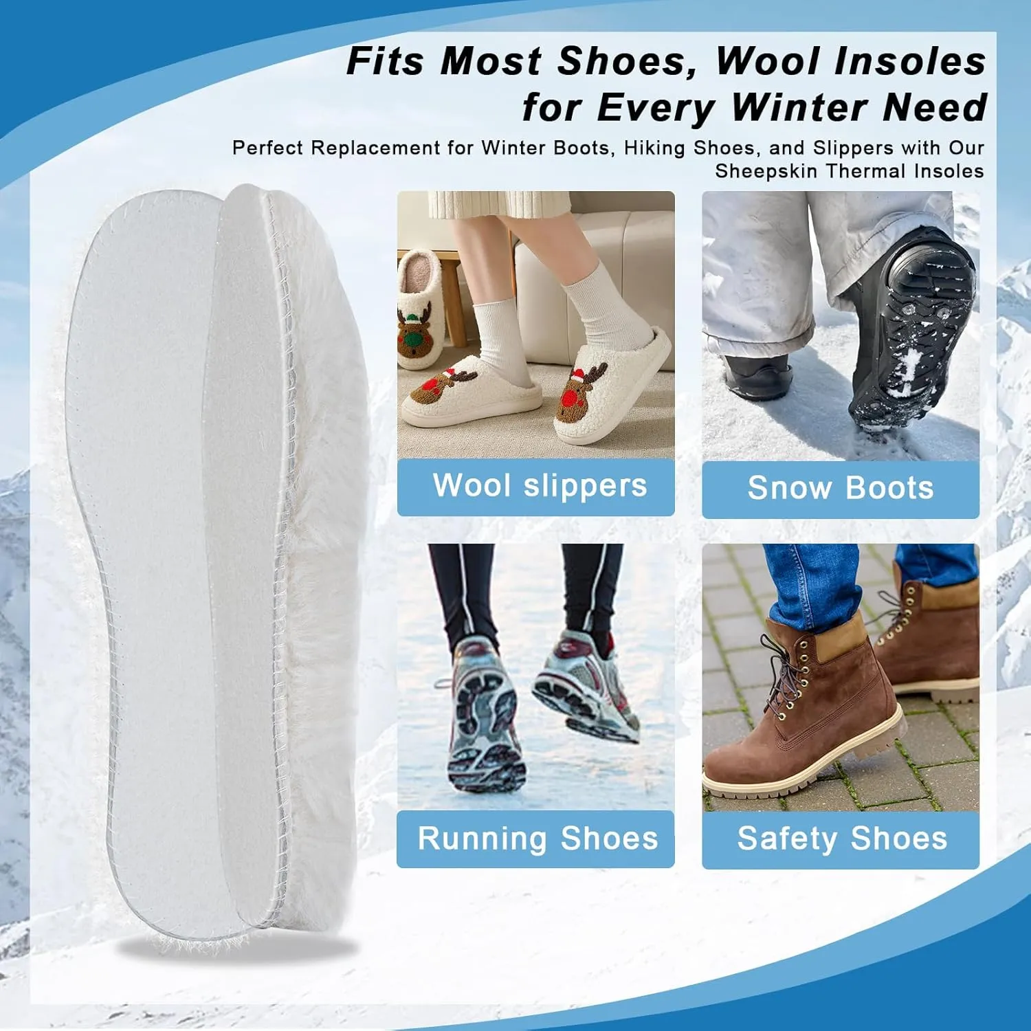 Wool Insoles for Women and Men, Premium Sheepskin Insoles with Soft Fleece and Wool Felt Sole, Moisture-Wicking Thermal Insoles for Boots, Slippers, and Shoes for Winter Warmth