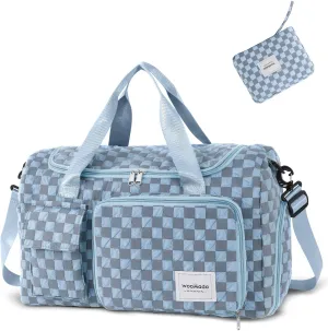 WOOMADA Foldable Travel Duffel Bag with Shoes Compartment, Overnight Bag with Wet Pocket & Trolley Sleeve, Weekender Bags for Women (blue checkerboard)