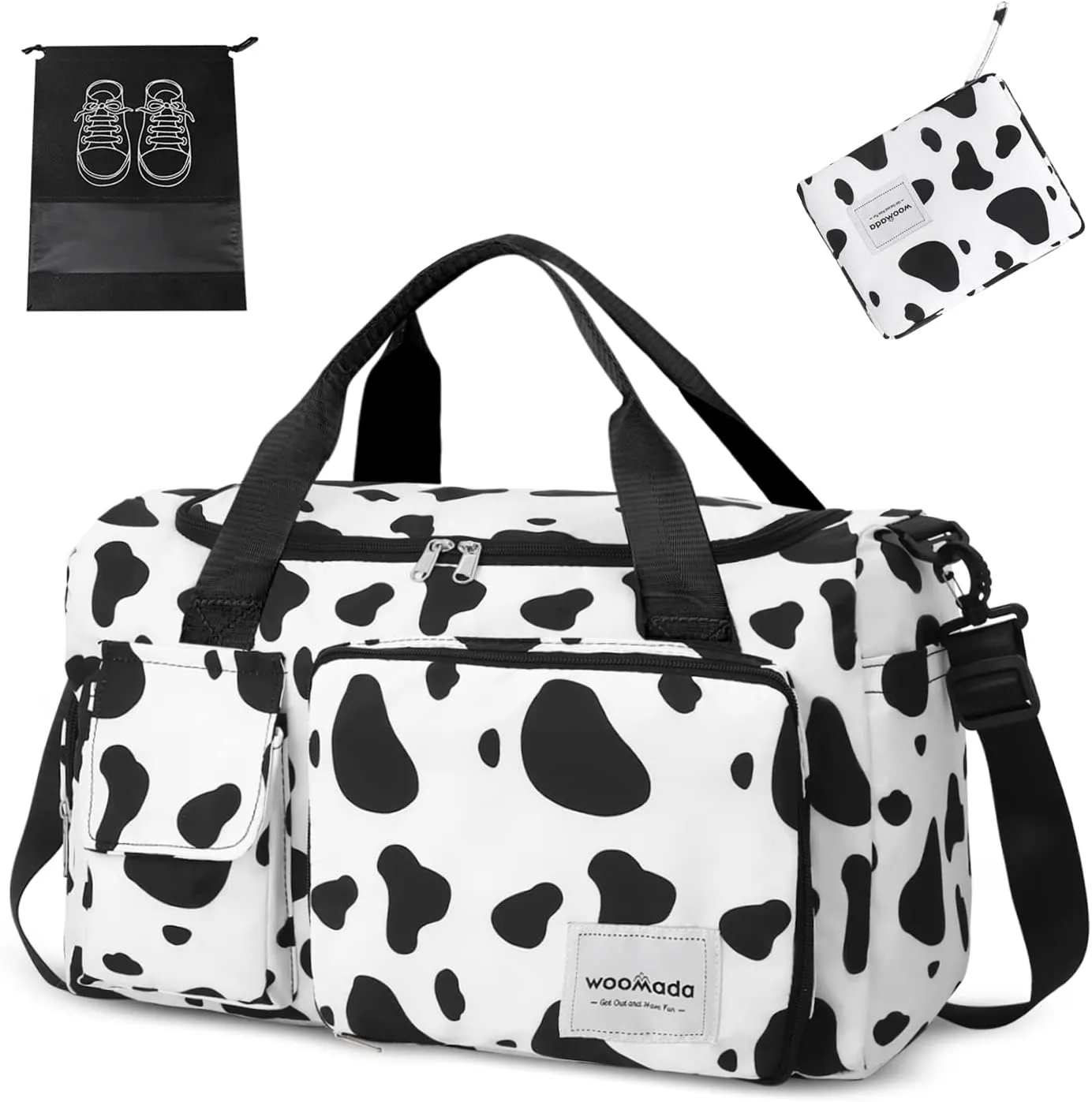 WOOMADA Foldable Travel Duffel Bag with Shoes Compartment, Overnight Bag with Wet Pocket & Trolley Sleeve, Weekender Bags for Women (cow)