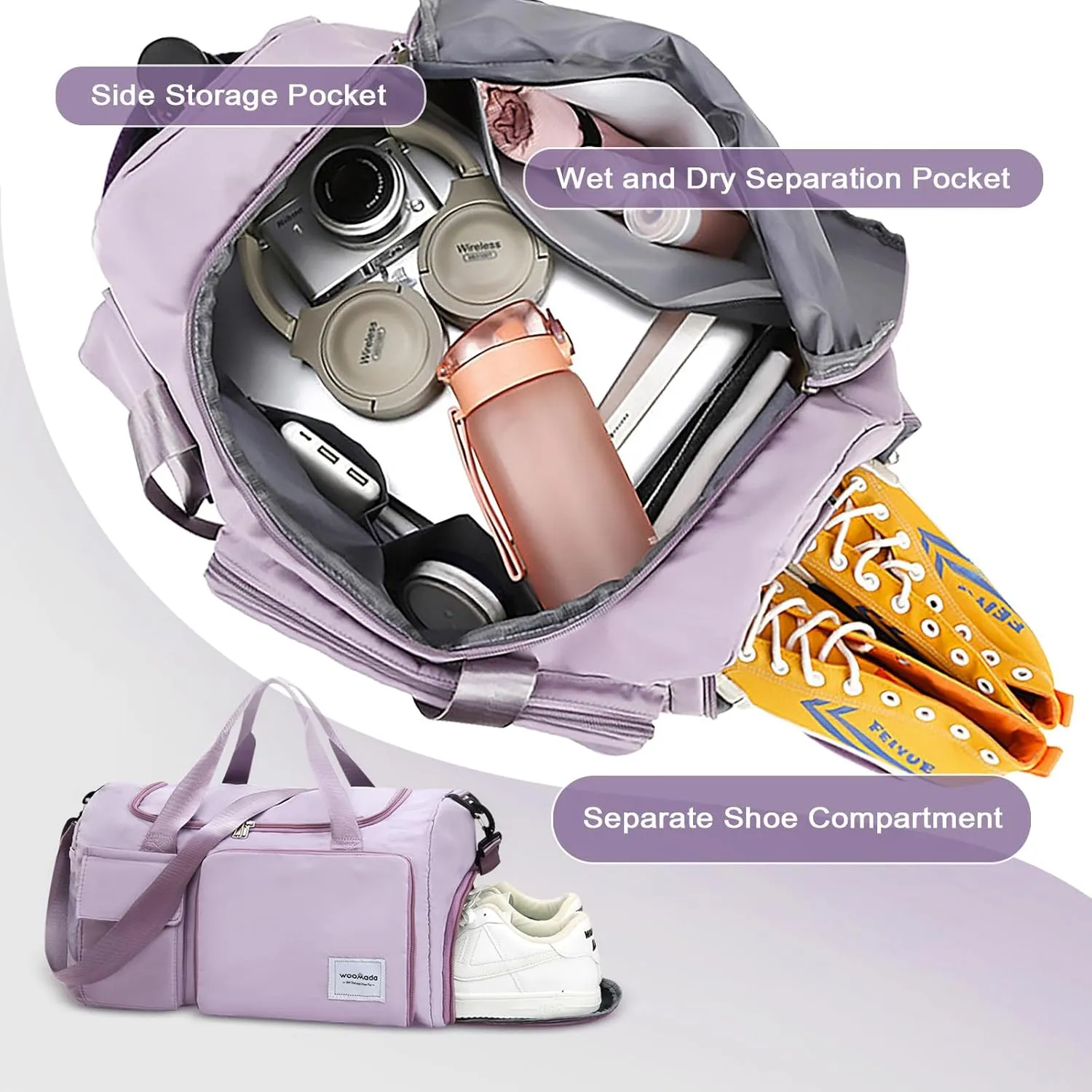 WOOMADA Foldable Travel Duffel Bag with Shoes Compartment, Overnight Bag with Wet Pocket & Trolley Sleeve, Weekender Bags for Women (cow)