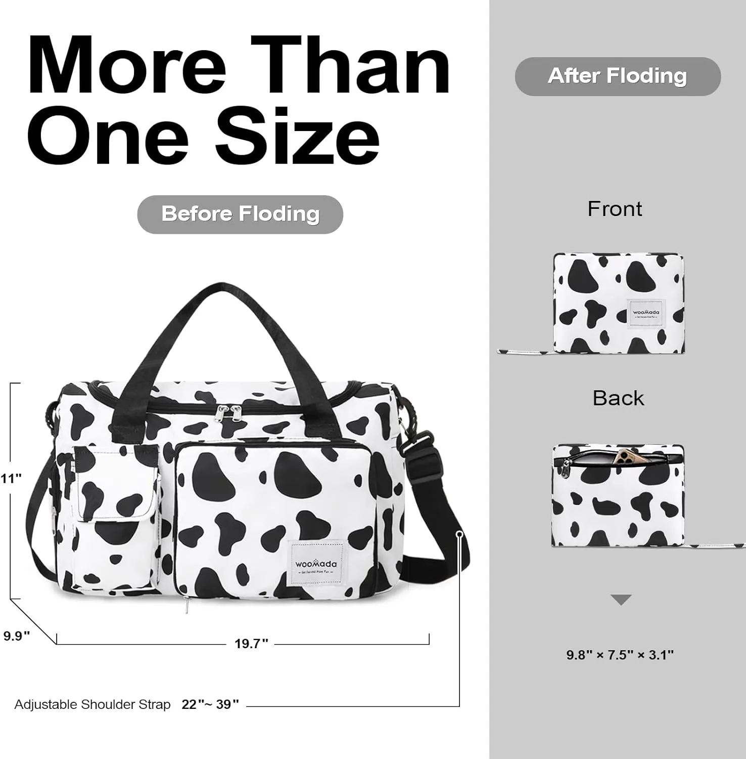 WOOMADA Foldable Travel Duffel Bag with Shoes Compartment, Overnight Bag with Wet Pocket & Trolley Sleeve, Weekender Bags for Women (cow)
