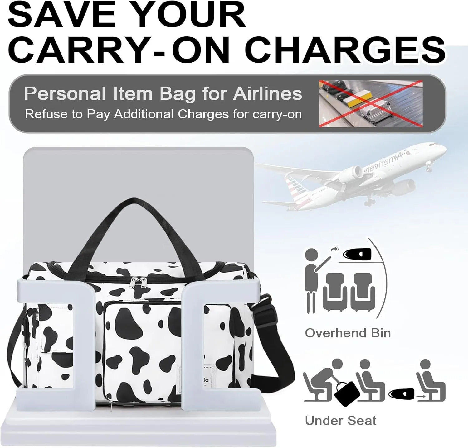WOOMADA Foldable Travel Duffel Bag with Shoes Compartment, Overnight Bag with Wet Pocket & Trolley Sleeve, Weekender Bags for Women (cow)