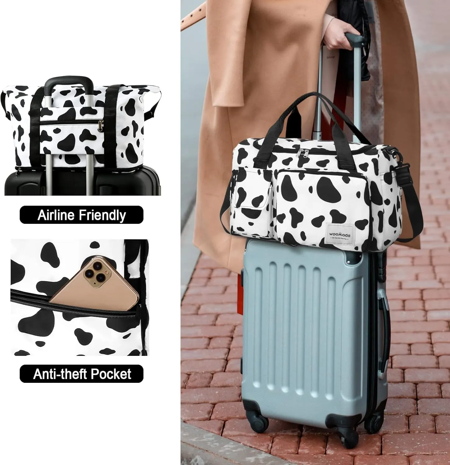 WOOMADA Foldable Travel Duffel Bag with Shoes Compartment, Overnight Bag with Wet Pocket & Trolley Sleeve, Weekender Bags for Women (cow)