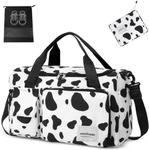 WOOMADA Foldable Travel Duffel Bag with Shoes Compartment, Overnight Bag with Wet Pocket & Trolley Sleeve, Weekender Bags for Women (cow)