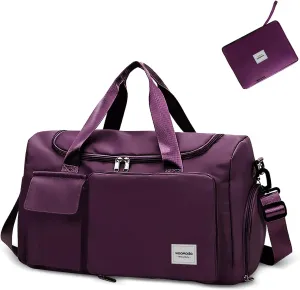 WOOMADA Foldable Travel Duffel Bag with Shoes Compartment, Overnight Bag with Wet Pocket & Trolley Sleeve, Weekender Bags for Women (purple)