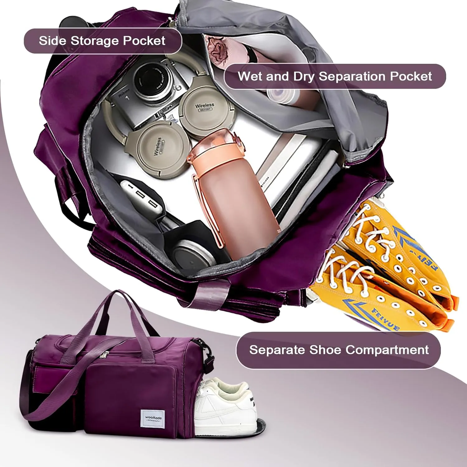 WOOMADA Foldable Travel Duffel Bag with Shoes Compartment, Overnight Bag with Wet Pocket & Trolley Sleeve, Weekender Bags for Women (purple)