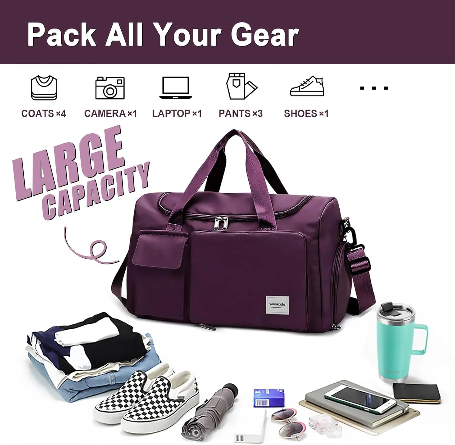 WOOMADA Foldable Travel Duffel Bag with Shoes Compartment, Overnight Bag with Wet Pocket & Trolley Sleeve, Weekender Bags for Women (purple)