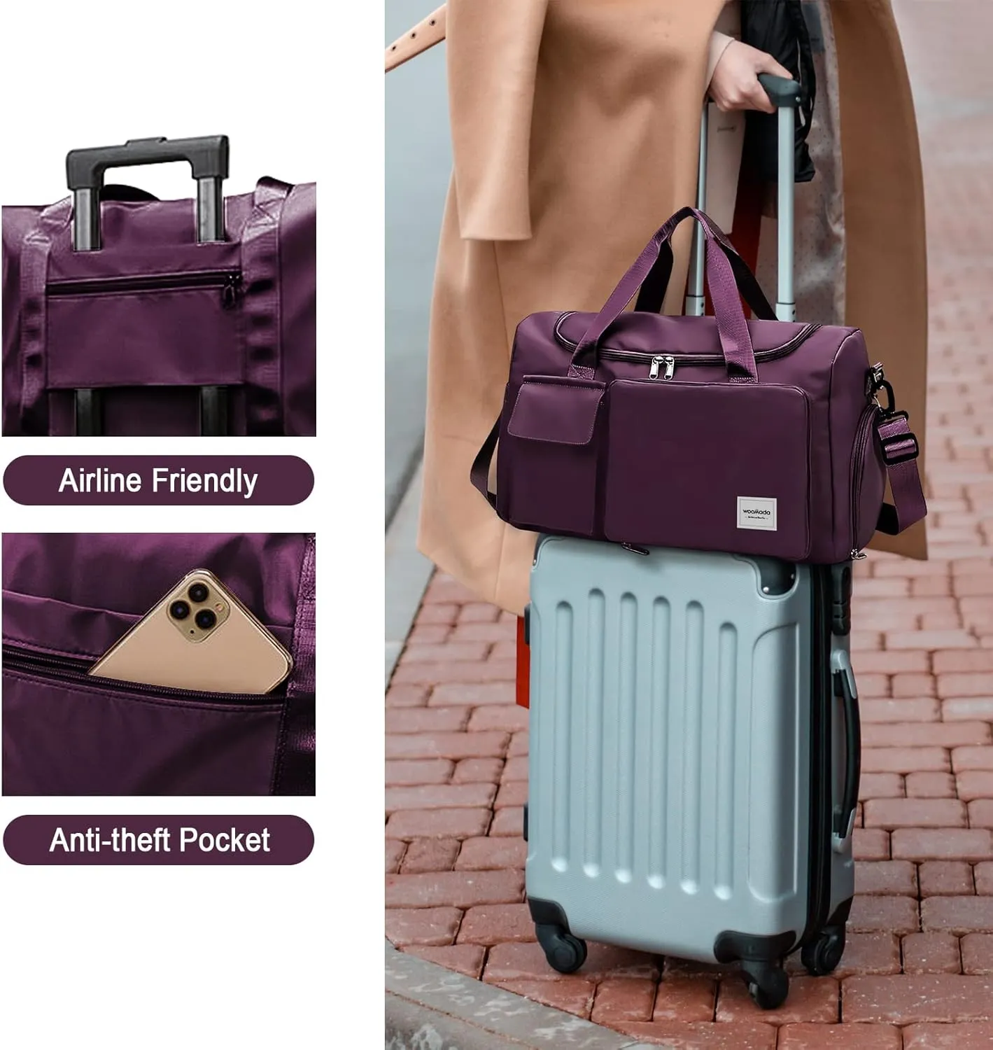 WOOMADA Foldable Travel Duffel Bag with Shoes Compartment, Overnight Bag with Wet Pocket & Trolley Sleeve, Weekender Bags for Women (purple)