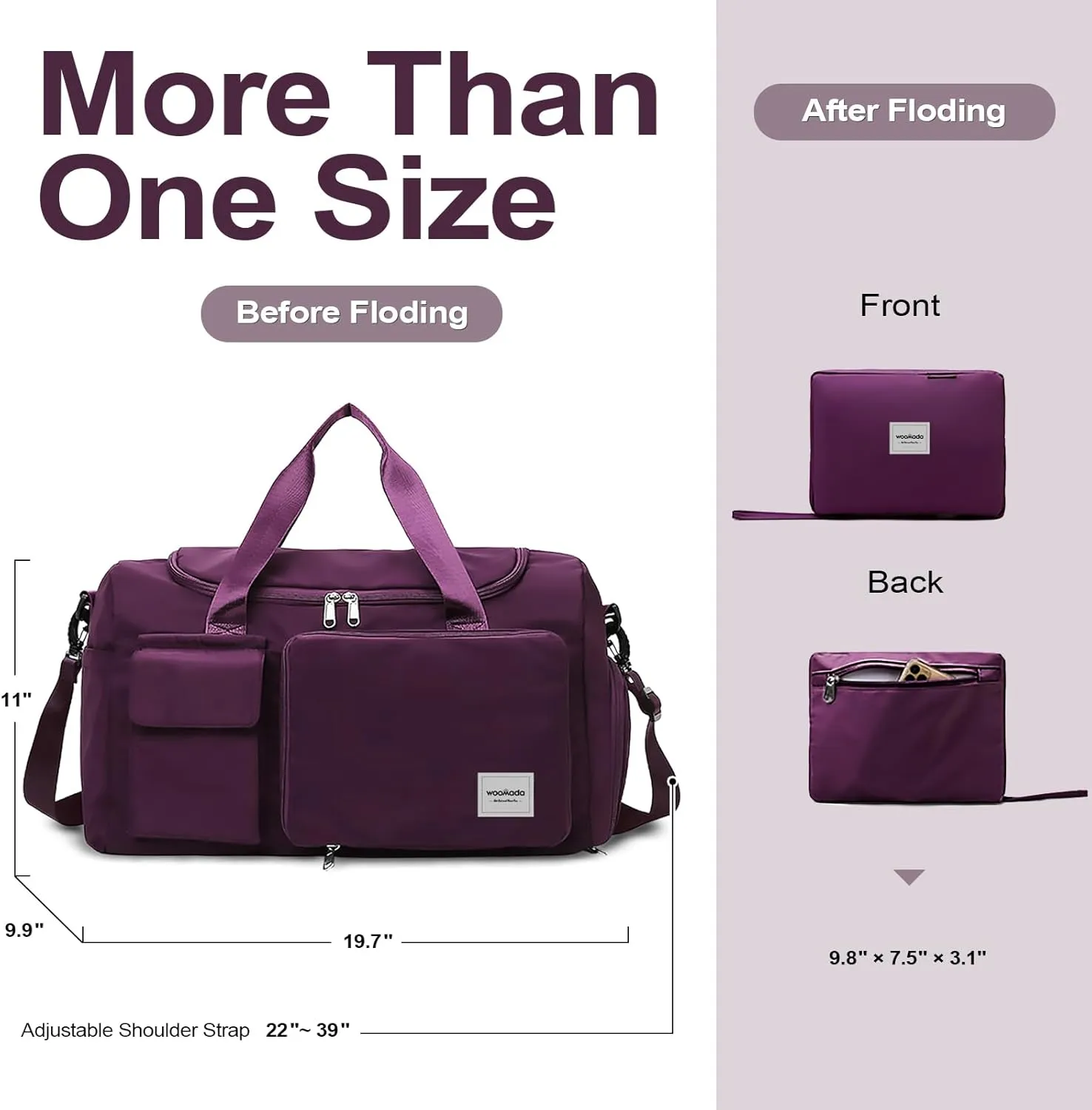 WOOMADA Foldable Travel Duffel Bag with Shoes Compartment, Overnight Bag with Wet Pocket & Trolley Sleeve, Weekender Bags for Women (purple)