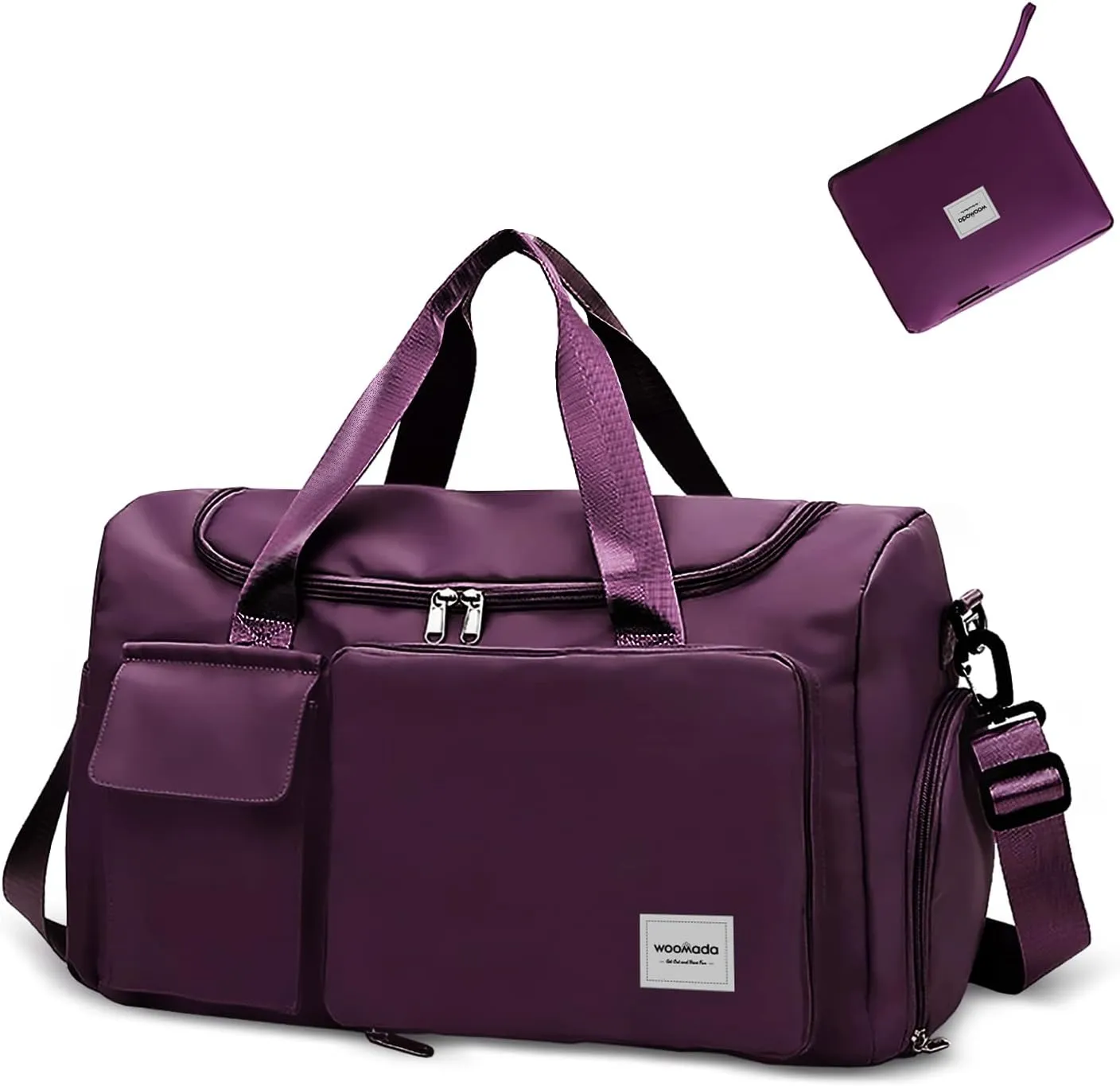 WOOMADA Foldable Travel Duffel Bag with Shoes Compartment, Overnight Bag with Wet Pocket & Trolley Sleeve, Weekender Bags for Women (purple)