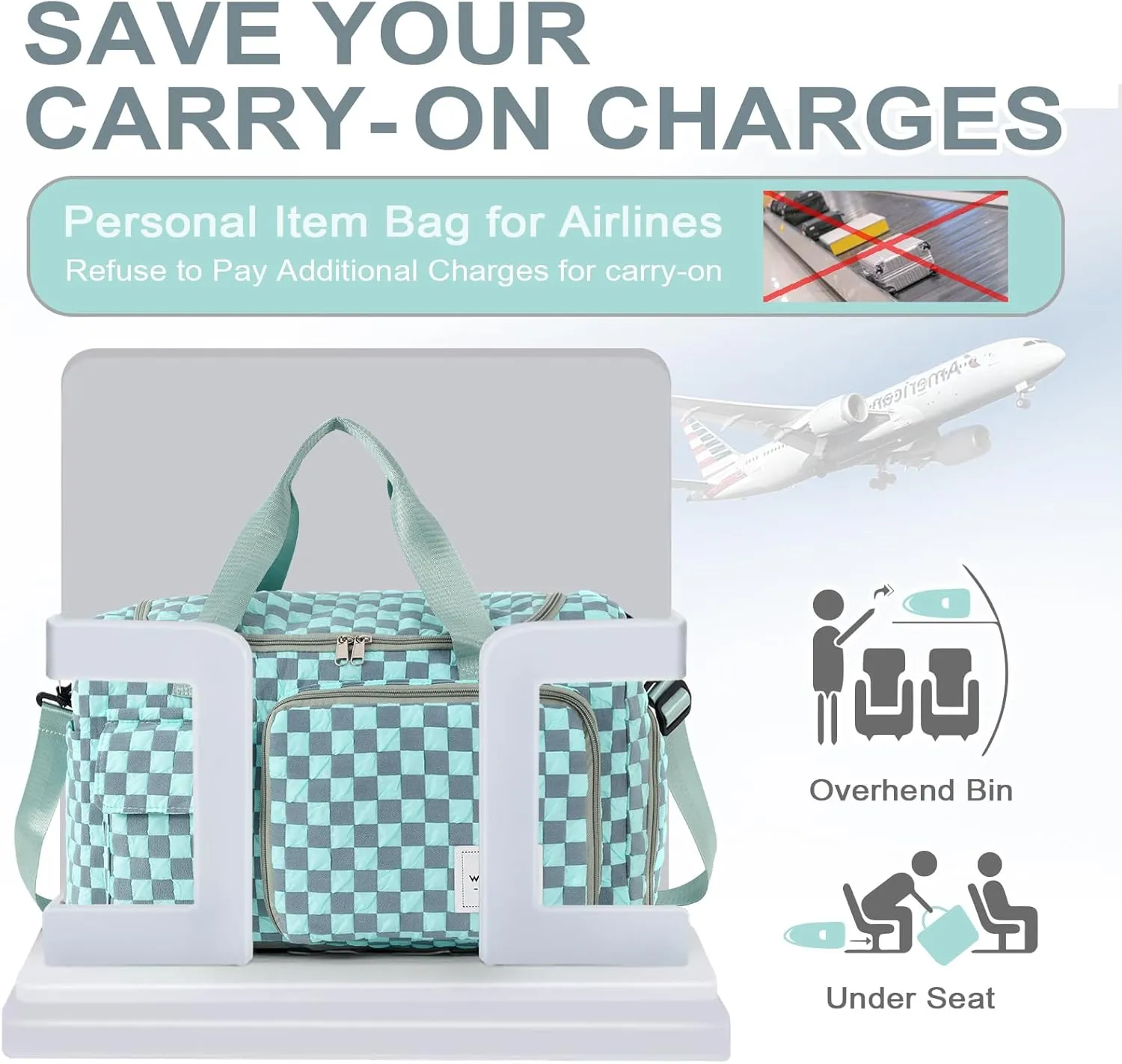 WOOMADA Foldable Travel Duffel Bag with Shoes Compartment, Overnight Bag with Wet Pocket & Trolley Sleeve, Weekender Bags for Women (turquoise checkerboard)
