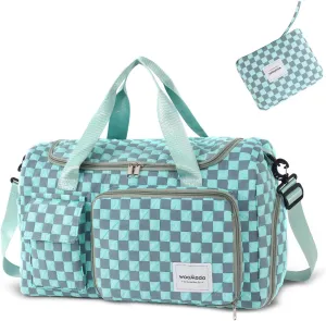 WOOMADA Foldable Travel Duffel Bag with Shoes Compartment, Overnight Bag with Wet Pocket & Trolley Sleeve, Weekender Bags for Women (turquoise checkerboard)