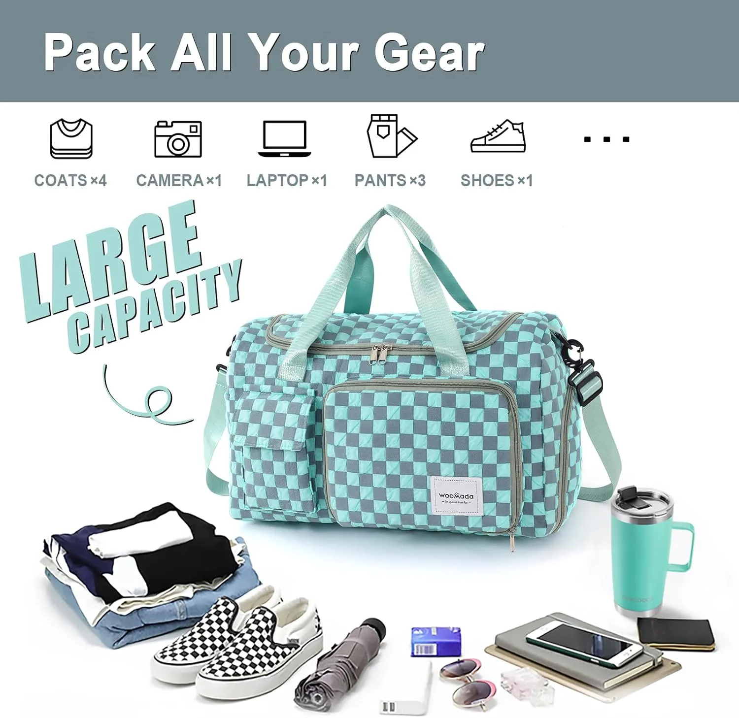 WOOMADA Foldable Travel Duffel Bag with Shoes Compartment, Overnight Bag with Wet Pocket & Trolley Sleeve, Weekender Bags for Women (turquoise checkerboard)