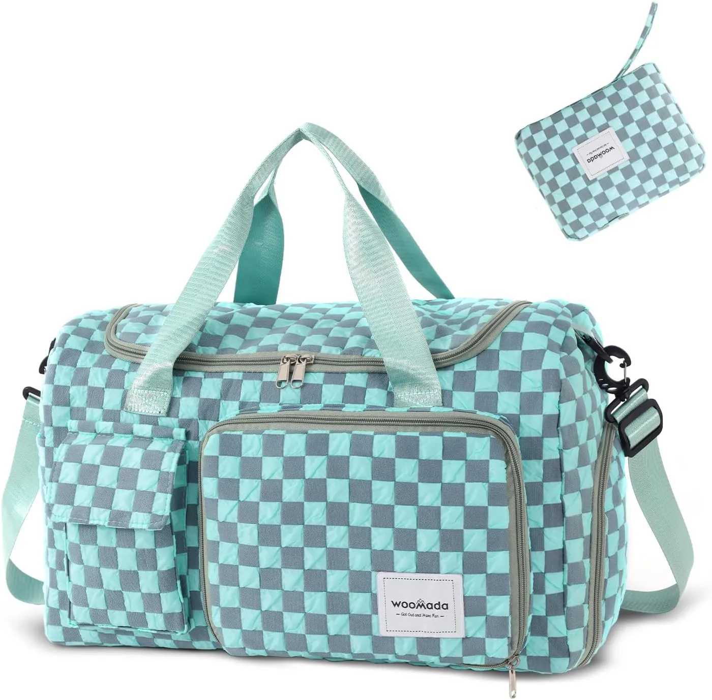 WOOMADA Foldable Travel Duffel Bag with Shoes Compartment, Overnight Bag with Wet Pocket & Trolley Sleeve, Weekender Bags for Women (turquoise checkerboard)