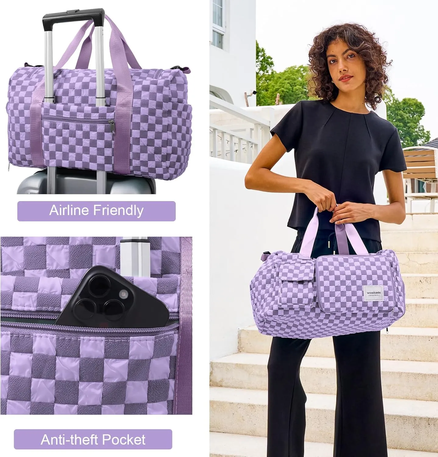 WOOMADA Foldable Travel Duffel Bag with Shoes Compartment, Overnight Bag with Wet Pocket & Trolley Sleeve, Weekender Bags for Women (violet checkerboard)