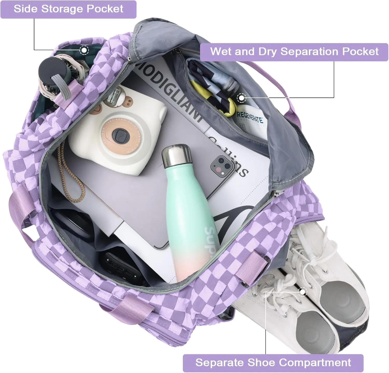 WOOMADA Foldable Travel Duffel Bag with Shoes Compartment, Overnight Bag with Wet Pocket & Trolley Sleeve, Weekender Bags for Women (violet checkerboard)