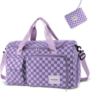 WOOMADA Foldable Travel Duffel Bag with Shoes Compartment, Overnight Bag with Wet Pocket & Trolley Sleeve, Weekender Bags for Women (violet checkerboard)