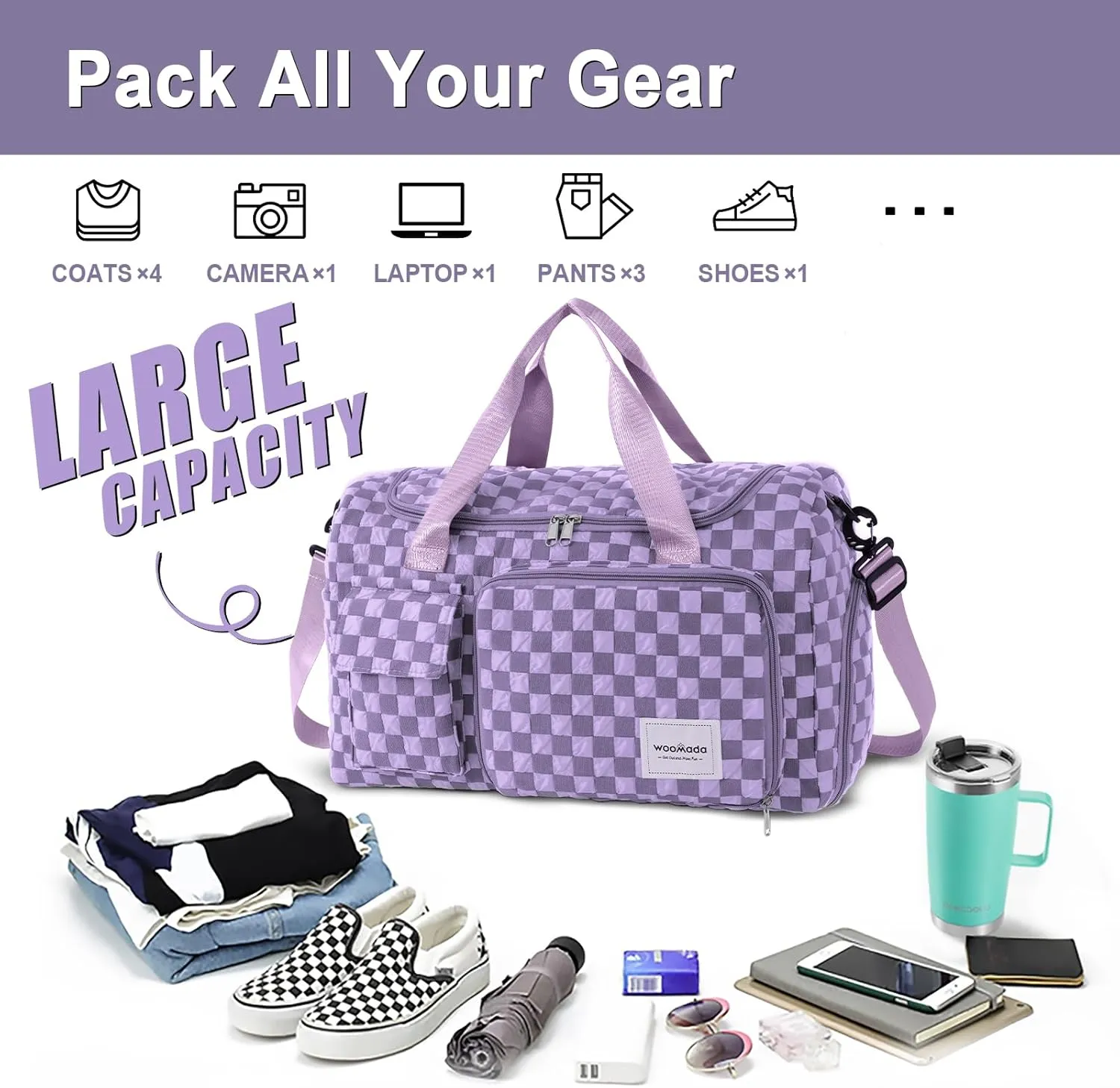 WOOMADA Foldable Travel Duffel Bag with Shoes Compartment, Overnight Bag with Wet Pocket & Trolley Sleeve, Weekender Bags for Women (violet checkerboard)