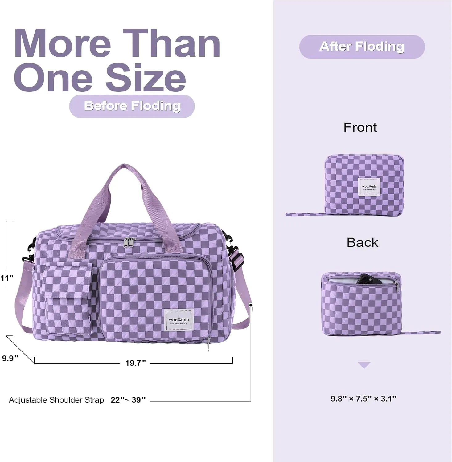 WOOMADA Foldable Travel Duffel Bag with Shoes Compartment, Overnight Bag with Wet Pocket & Trolley Sleeve, Weekender Bags for Women (violet checkerboard)