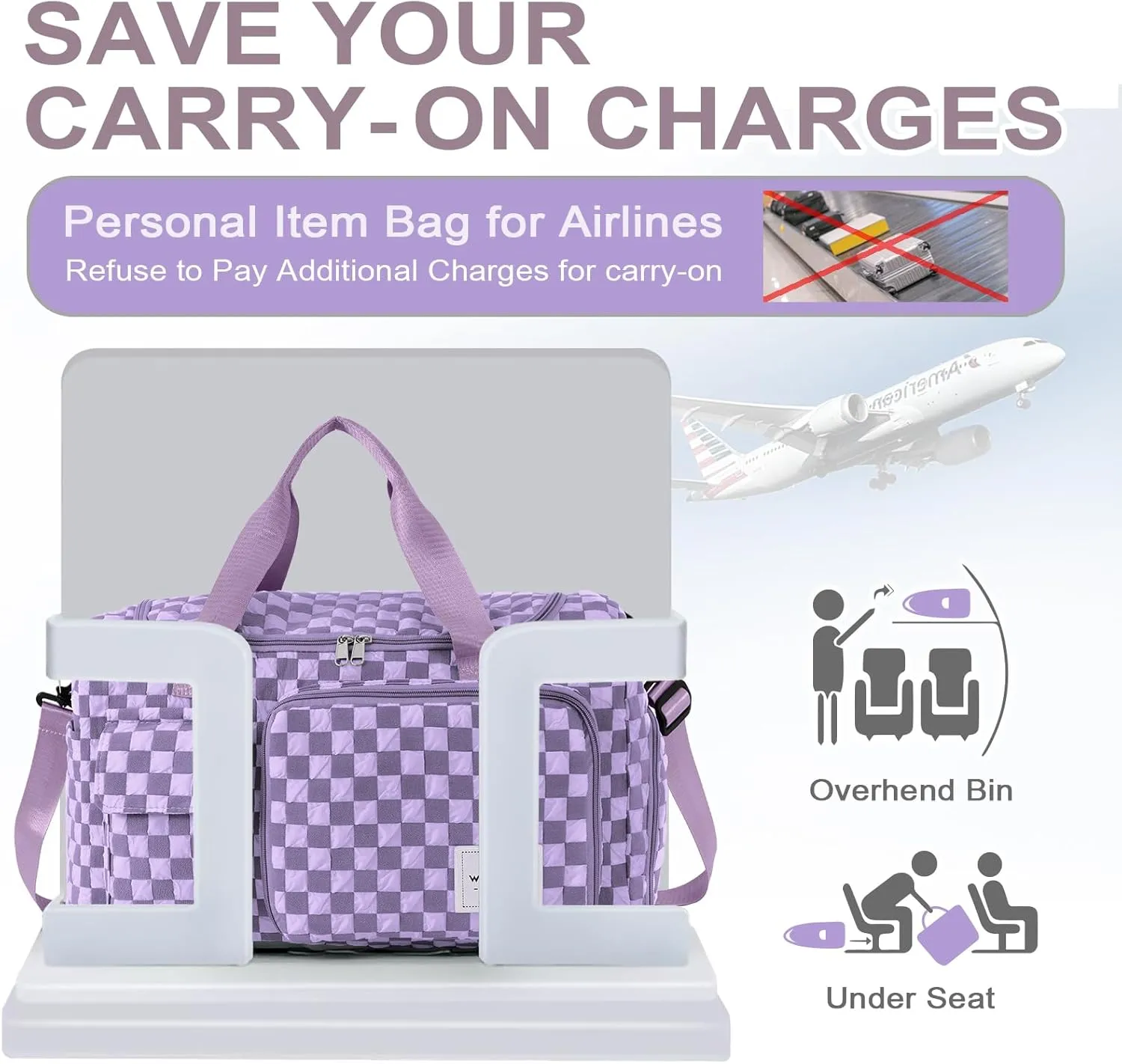 WOOMADA Foldable Travel Duffel Bag with Shoes Compartment, Overnight Bag with Wet Pocket & Trolley Sleeve, Weekender Bags for Women (violet checkerboard)