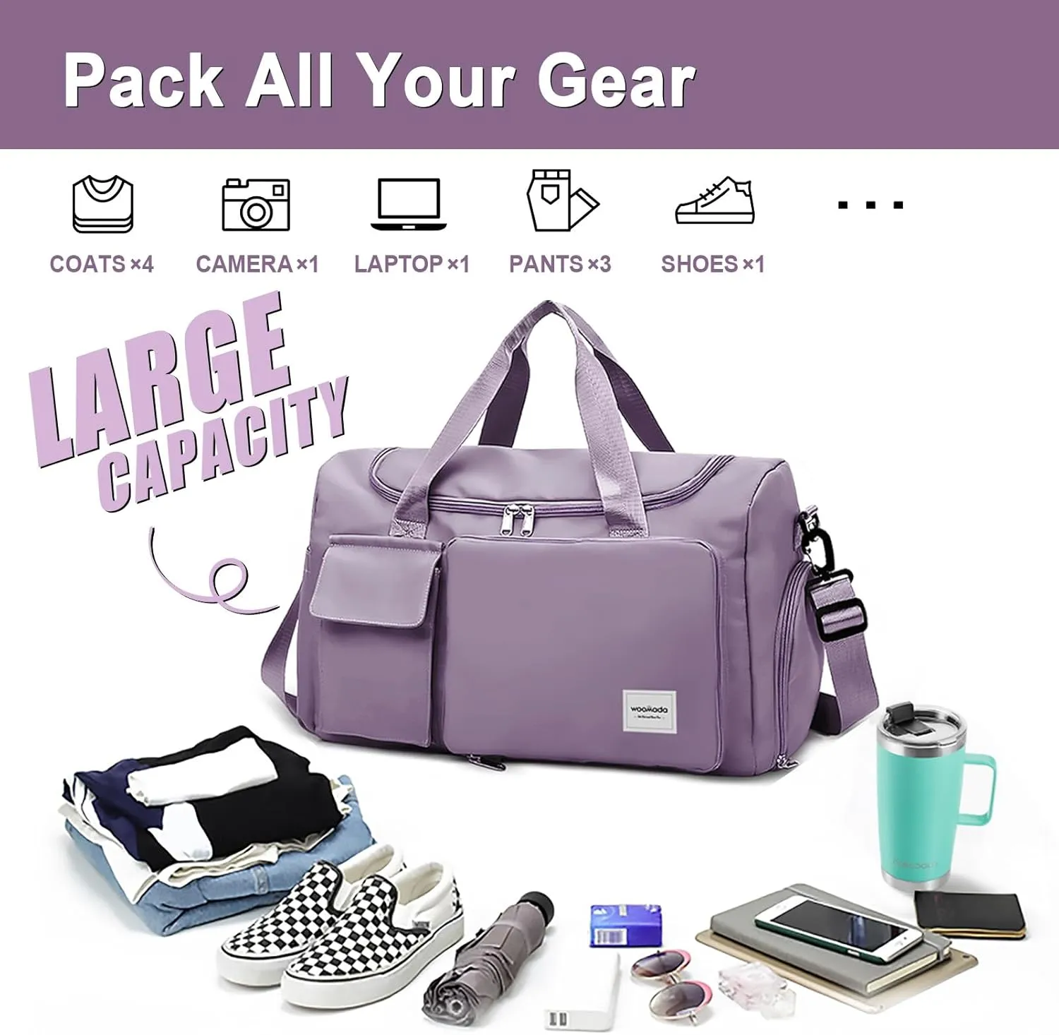 WOOMADA Foldable Travel Duffel Bag with Shoes Compartment, Overnight Bag with Wet Pocket & Trolley Sleeve, Weekender Bags for Women(A-grayish purple)