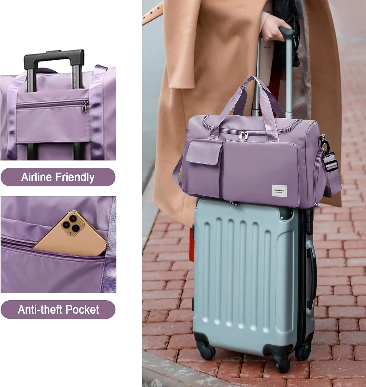WOOMADA Foldable Travel Duffel Bag with Shoes Compartment, Overnight Bag with Wet Pocket & Trolley Sleeve, Weekender Bags for Women(A-grayish purple)