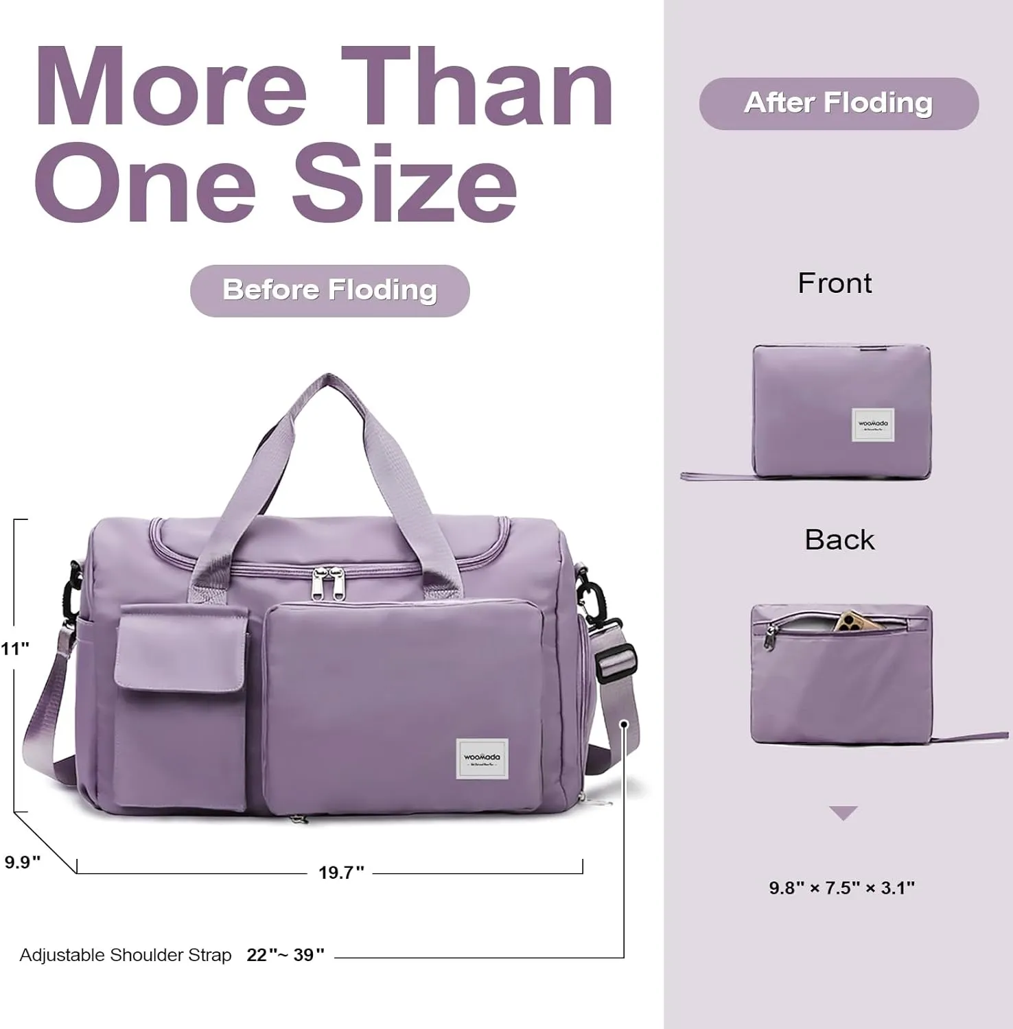 WOOMADA Foldable Travel Duffel Bag with Shoes Compartment, Overnight Bag with Wet Pocket & Trolley Sleeve, Weekender Bags for Women(A-grayish purple)
