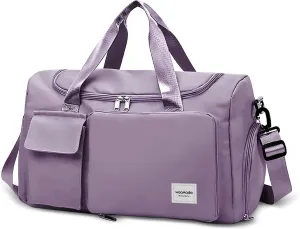 WOOMADA Foldable Travel Duffel Bag with Shoes Compartment, Overnight Bag with Wet Pocket & Trolley Sleeve, Weekender Bags for Women(A-grayish purple)