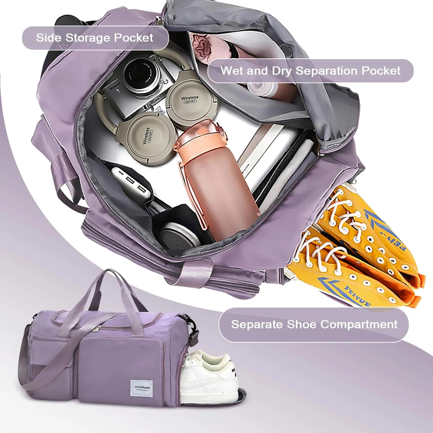 WOOMADA Foldable Travel Duffel Bag with Shoes Compartment, Overnight Bag with Wet Pocket & Trolley Sleeve, Weekender Bags for Women(A-grayish purple)