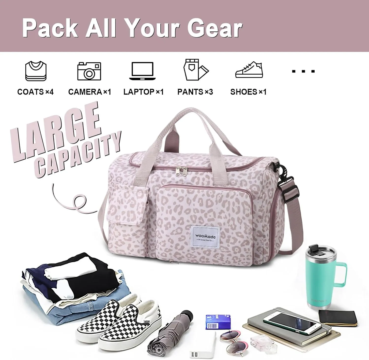WOOMADA Foldable Travel Duffel Bag with Shoes Compartment, Overnight Bag with Wet Pocket & Trolley Sleeve, Weekender Bags for Women(A-pink leopard)