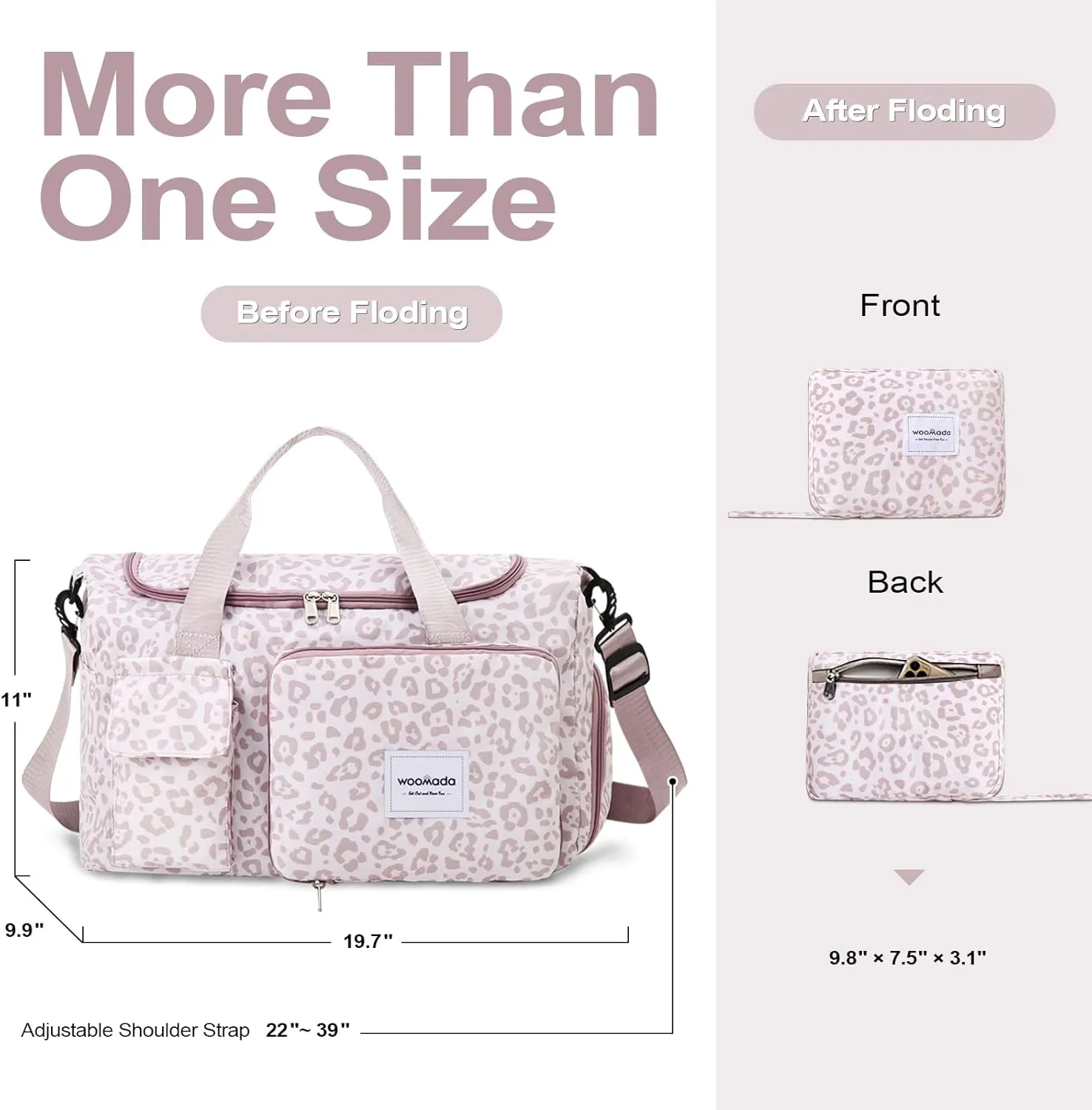 WOOMADA Foldable Travel Duffel Bag with Shoes Compartment, Overnight Bag with Wet Pocket & Trolley Sleeve, Weekender Bags for Women(A-pink leopard)