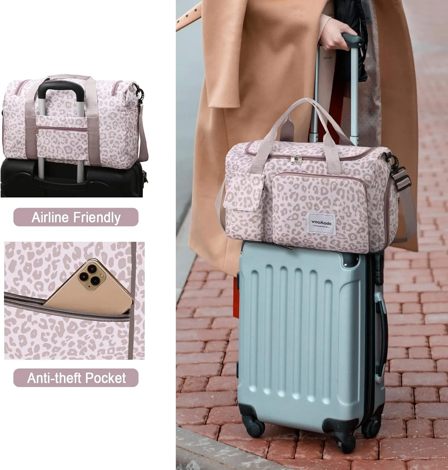 WOOMADA Foldable Travel Duffel Bag with Shoes Compartment, Overnight Bag with Wet Pocket & Trolley Sleeve, Weekender Bags for Women(A-pink leopard)