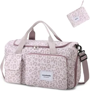 WOOMADA Foldable Travel Duffel Bag with Shoes Compartment, Overnight Bag with Wet Pocket & Trolley Sleeve, Weekender Bags for Women(A-pink leopard)