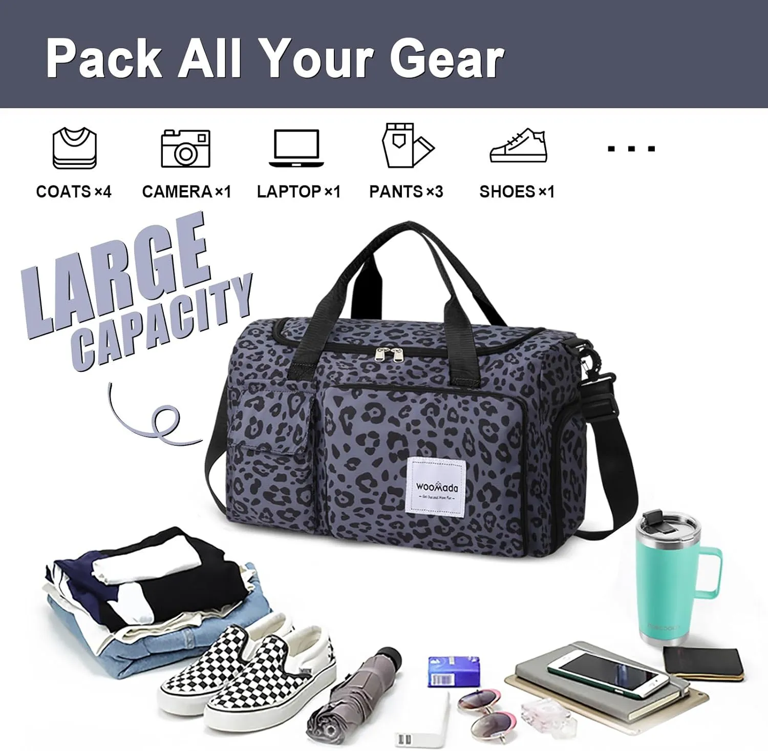 WOOMADA Foldable Travel Duffel Bag with Shoes Compartment, Overnight Bag with Wet Pocket & Trolley Sleeve, Weekender Bags for Women(B-black leopard)