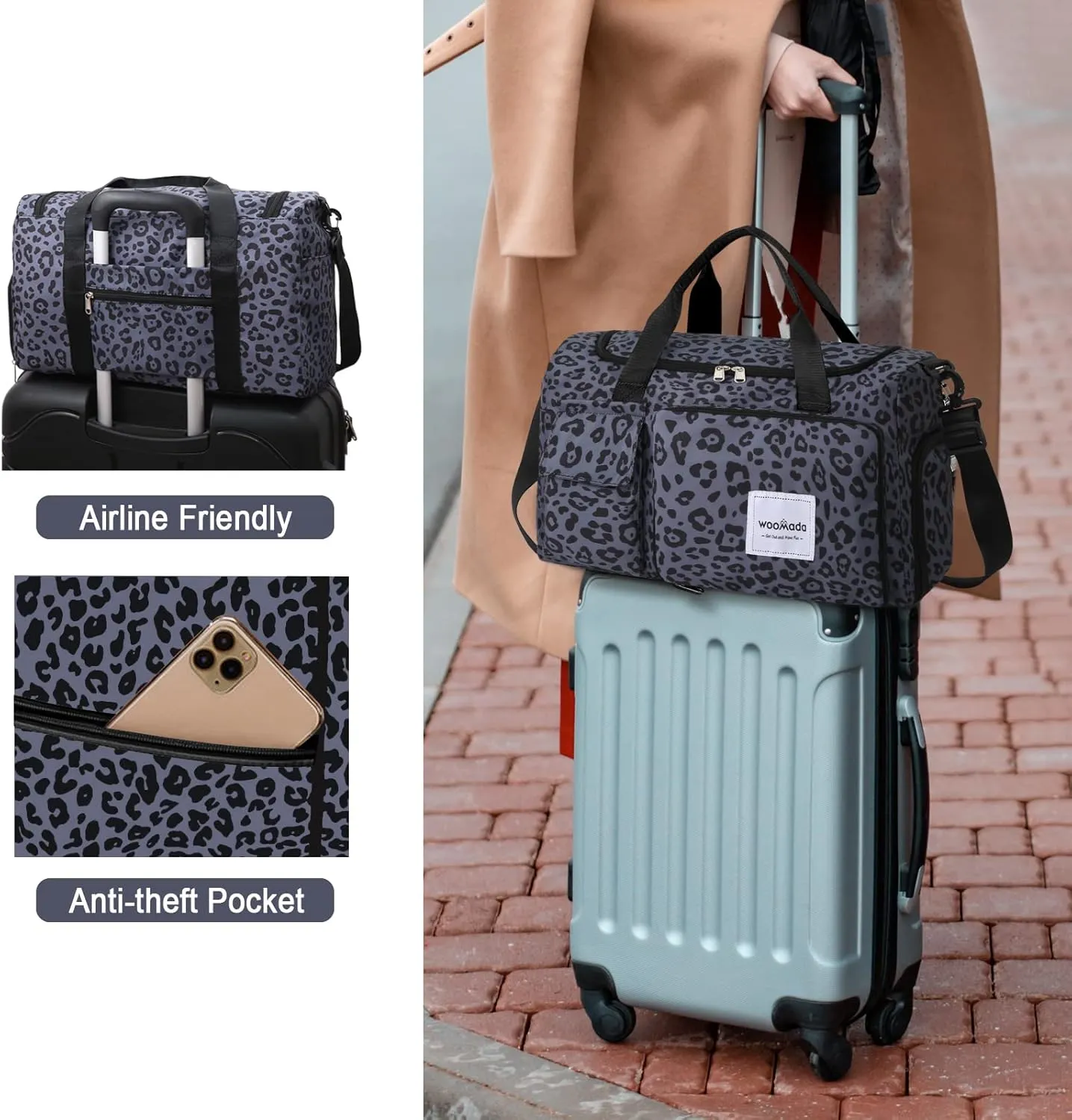 WOOMADA Foldable Travel Duffel Bag with Shoes Compartment, Overnight Bag with Wet Pocket & Trolley Sleeve, Weekender Bags for Women(B-black leopard)