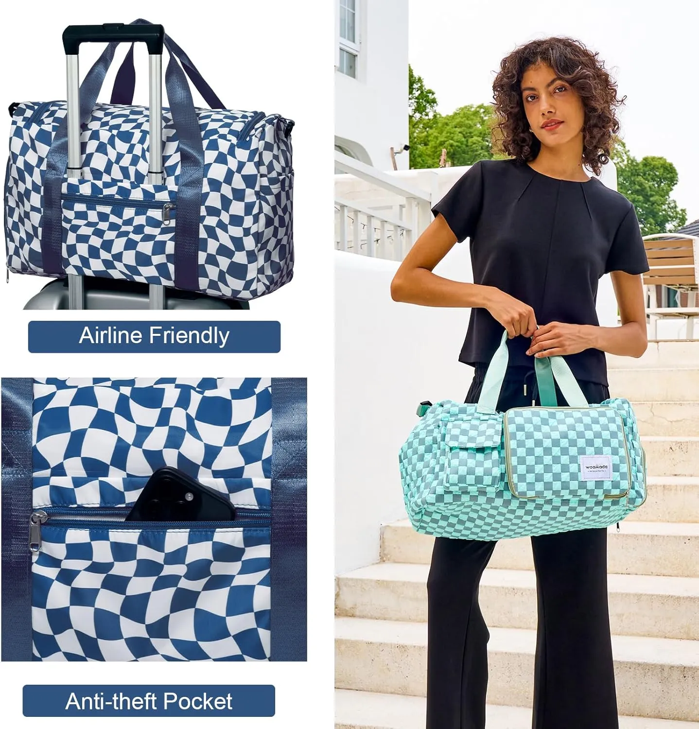 WOOMADA Foldable Travel Duffel Bag with Shoes Compartment, Overnight Bag with Wet Pocket & Trolley Sleeve, Weekender Bags for Women(blue white checkerboard)