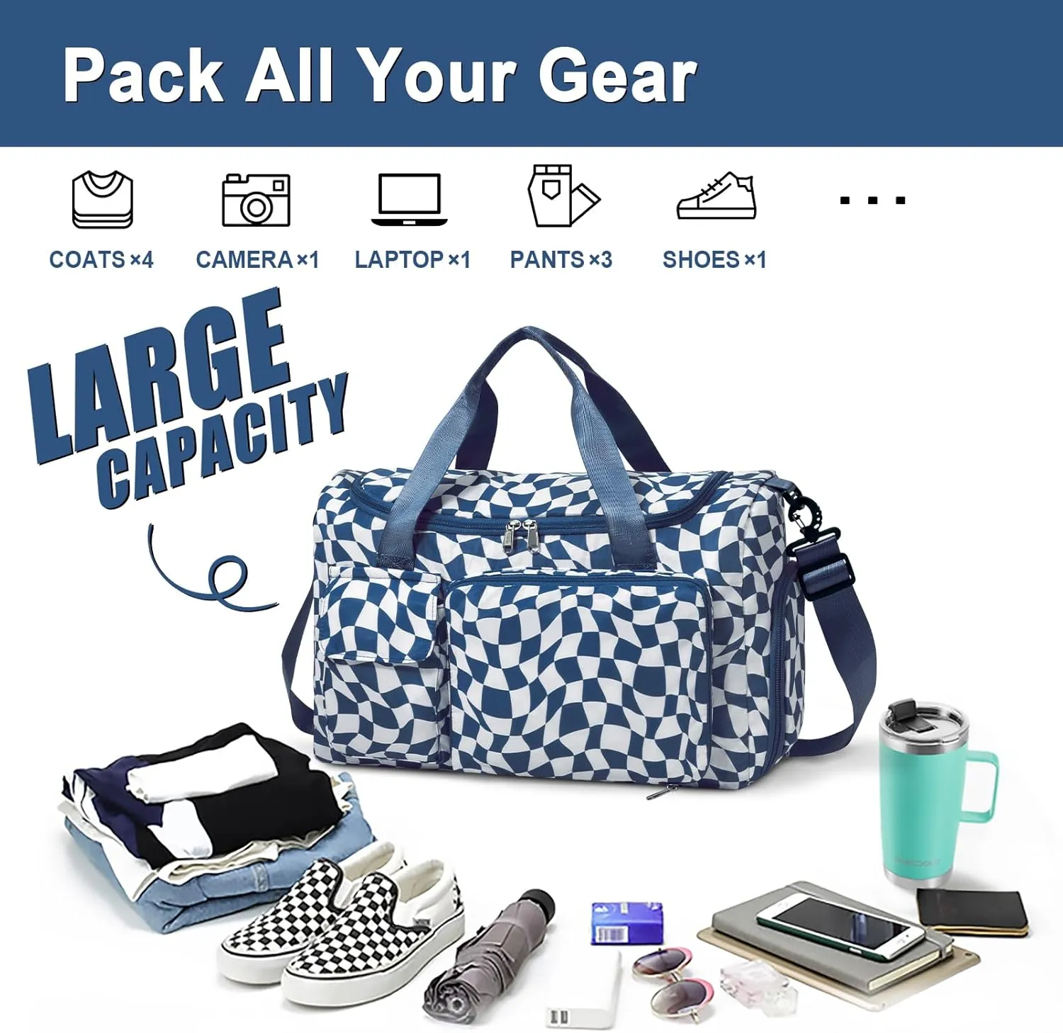 WOOMADA Foldable Travel Duffel Bag with Shoes Compartment, Overnight Bag with Wet Pocket & Trolley Sleeve, Weekender Bags for Women(blue white checkerboard)