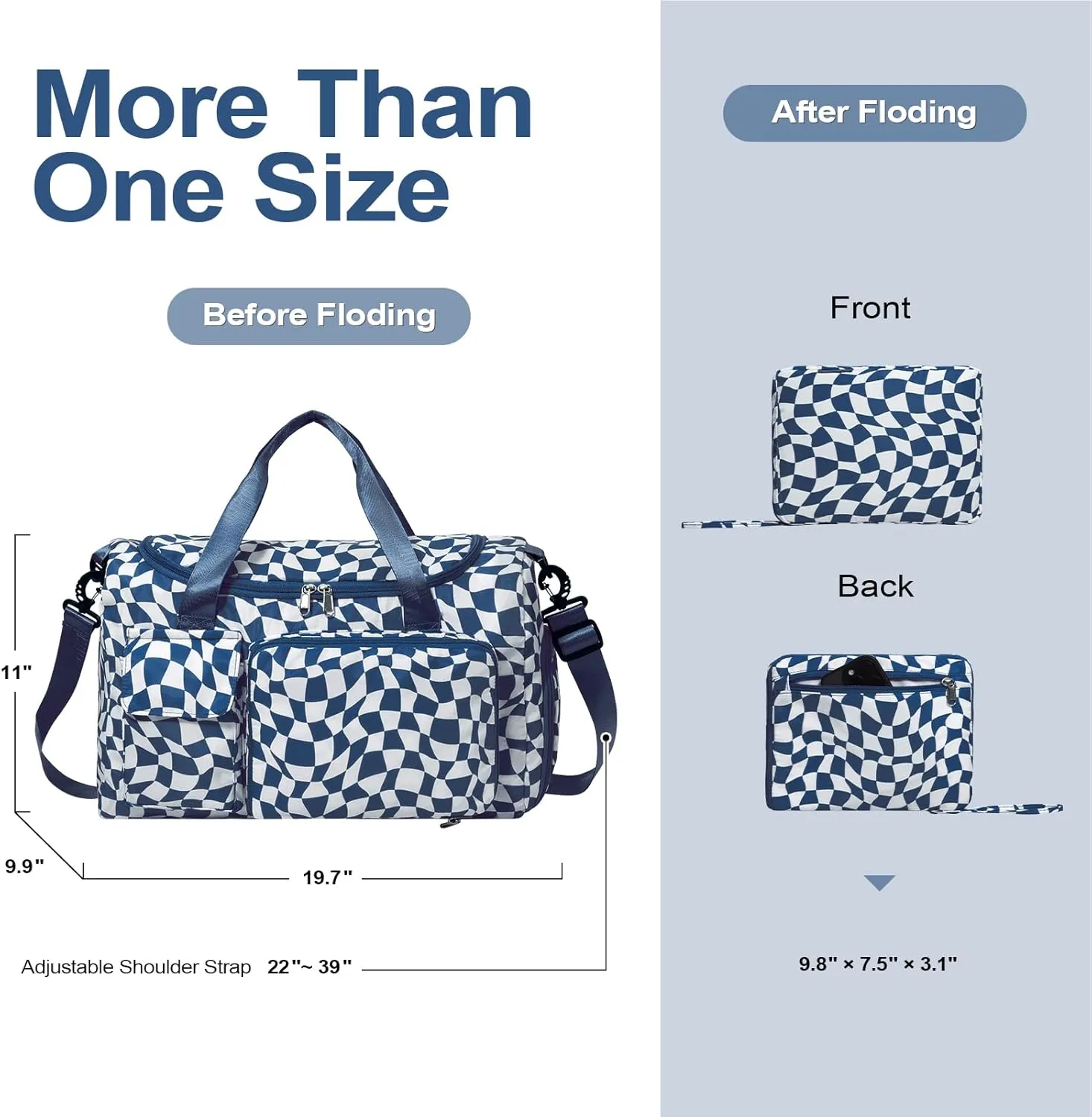 WOOMADA Foldable Travel Duffel Bag with Shoes Compartment, Overnight Bag with Wet Pocket & Trolley Sleeve, Weekender Bags for Women(blue white checkerboard)