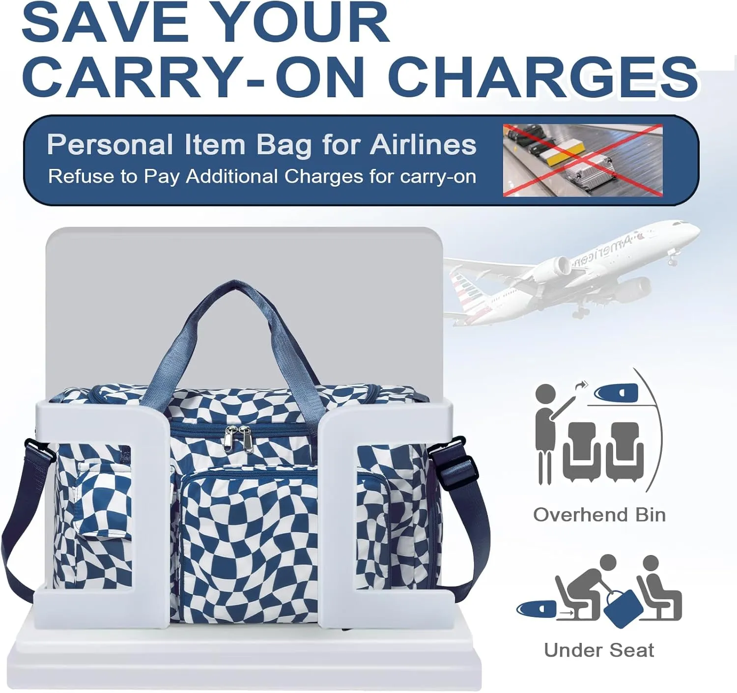 WOOMADA Foldable Travel Duffel Bag with Shoes Compartment, Overnight Bag with Wet Pocket & Trolley Sleeve, Weekender Bags for Women(blue white checkerboard)