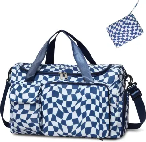WOOMADA Foldable Travel Duffel Bag with Shoes Compartment, Overnight Bag with Wet Pocket & Trolley Sleeve, Weekender Bags for Women(blue white checkerboard)