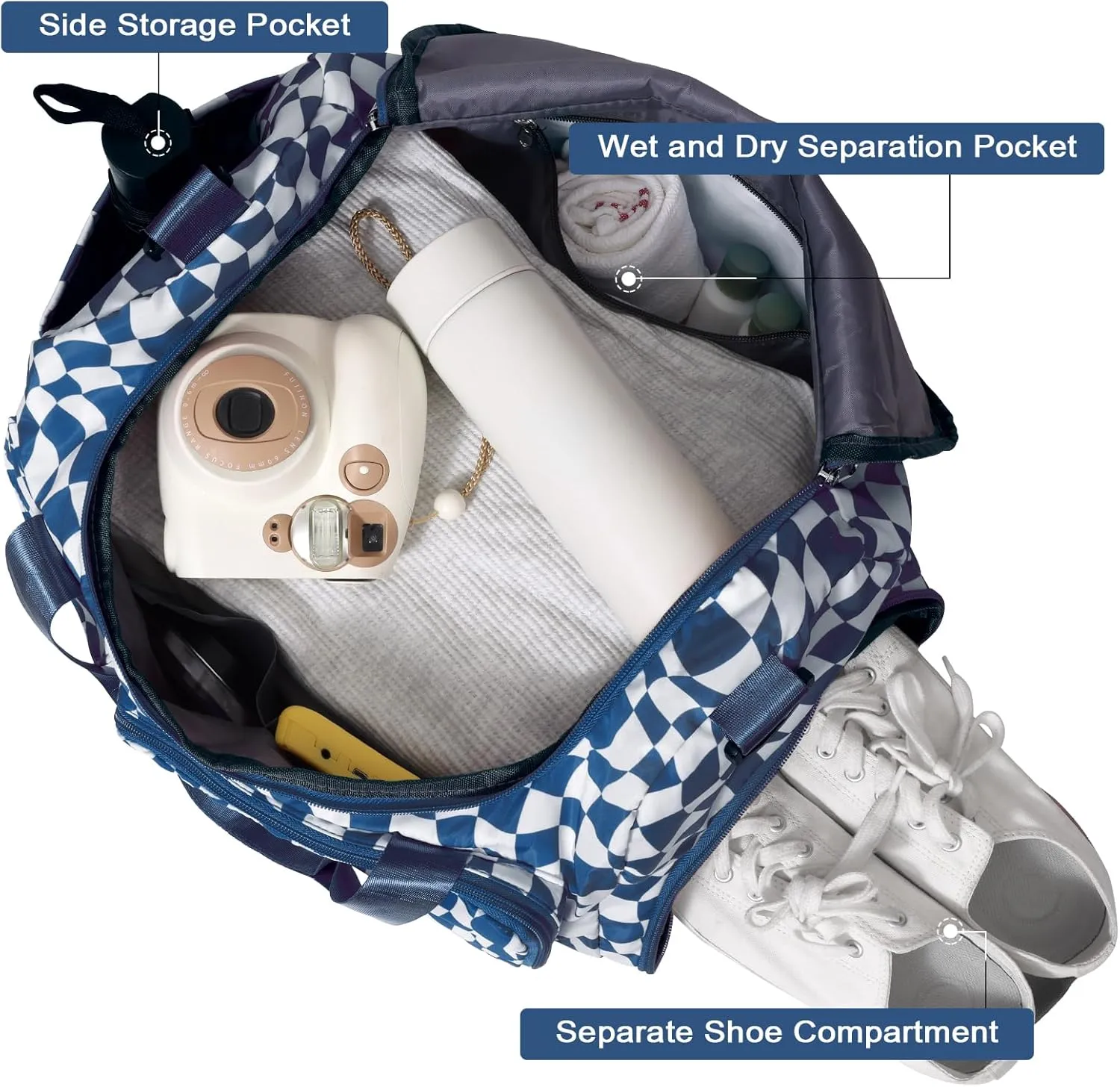 WOOMADA Foldable Travel Duffel Bag with Shoes Compartment, Overnight Bag with Wet Pocket & Trolley Sleeve, Weekender Bags for Women(blue white checkerboard)