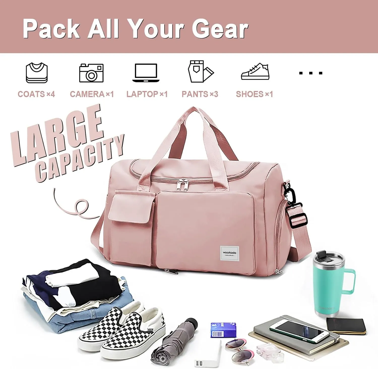 WOOMADA Foldable Travel Duffel Bag with Shoes Compartment, Overnight Bag with Wet Pocket & Trolley Sleeve, Weekender Bags for Women(pink)