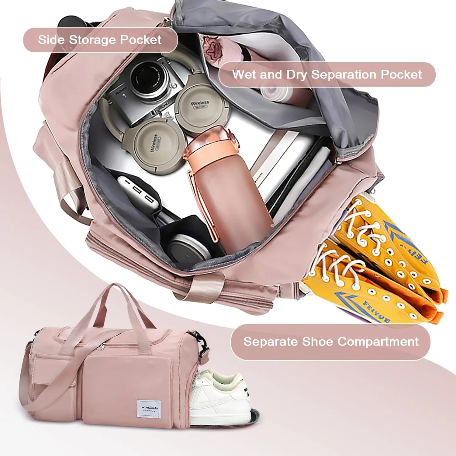 WOOMADA Foldable Travel Duffel Bag with Shoes Compartment, Overnight Bag with Wet Pocket & Trolley Sleeve, Weekender Bags for Women(pink)