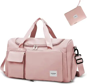 WOOMADA Foldable Travel Duffel Bag with Shoes Compartment, Overnight Bag with Wet Pocket & Trolley Sleeve, Weekender Bags for Women(pink)