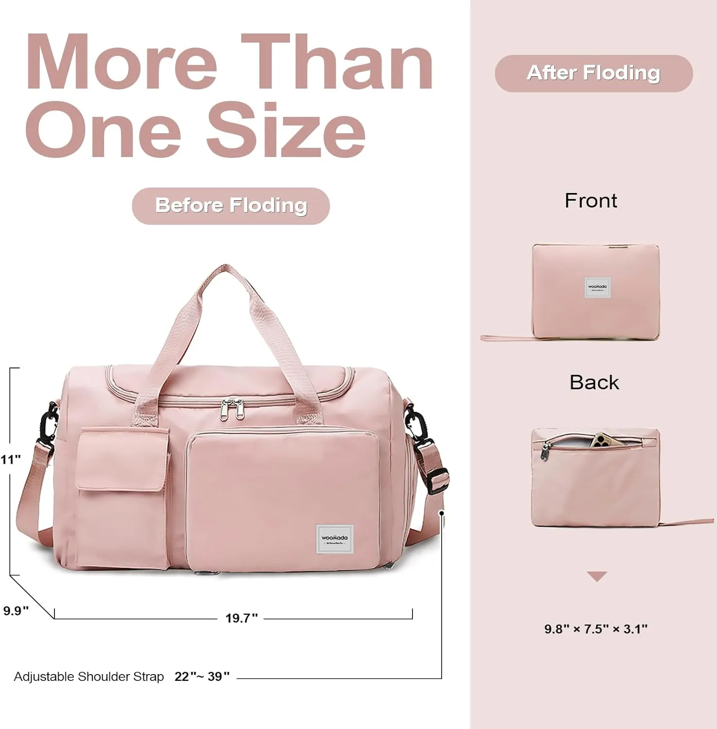 WOOMADA Foldable Travel Duffel Bag with Shoes Compartment, Overnight Bag with Wet Pocket & Trolley Sleeve, Weekender Bags for Women(pink)