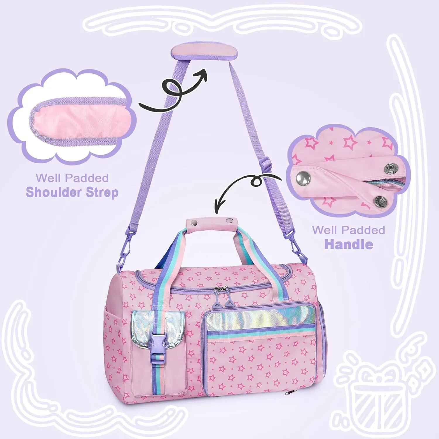 WOOMADA Travel Duffle Bag, Weekend Bag with Wet Pocket & Trolley Sleeve, Gym Dance Bag With Shoe Compartment(Star Pink)